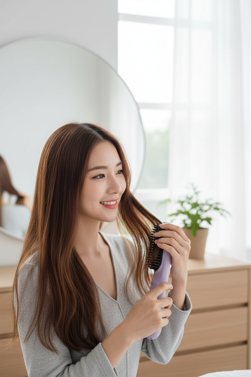 Femme avec lisseur lavande